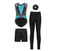 Vxuxlje Ensemble De Sport 4Pcs Enfant Fille Justaucorps Strass Legging Short Chouchou Ensemble Gym Tenue Patinage Danse Costume Spectacle 5-16 Ans Bleu clair 9-10 ans