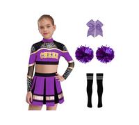 Vxuxlje Ensemble Enfant Fille Déguisement Pompom Girl 5Pcs Costume Cheerleading Paillette Manches Longues Uniforme Pom-pom Girl Cosplay Carnaval Halloween Violet 5-6 ans