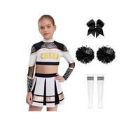 Vxuxlje Ensemble Enfant Fille Déguisement Pompom Girl 5Pcs Costume Cheerleading Paillette Manches Longues Uniforme Pom-pom Girl Cosplay Carnaval Halloween Ivoire 5-6 ans