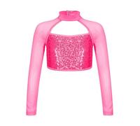 Vxuxlje Haut de Danse Enfant Fille Paillettes Haut Danse du Rue Jazz Hip-hop à Manches Longues Corp Tops Sport Gymnastique Patinage T-Shirt Court Costume Spectacle Carnaval Rose Vif 13-14 Ans