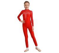 Vxuxlje Justaucorps de Gymnastique Enfant Fille Justaucorps Danse Ballet à Manches Longues Strass Brillant Combinaison Patinage Artistique Académique Bodysuit Gym Sport Rouge 11-12 ans
