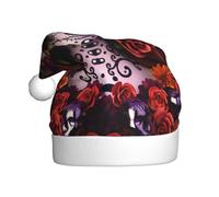 VXXNlnn Chapeau de Noël festif pour adultes - Chapeau de Père Noël unisexe avec motif imprimé tête de mort en sucre et roses en sucre, parfait pour Noël, fêtes de fin d'année