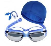 Vyloky Ensemble de lunettes de natation avec bonnet de bain et bouchons d'oreille, technologie HD anti-buée, joint 3D, pour homme et femme (miroir bleu avec bonnet de bain)