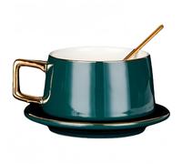 Vyloky Ensemble de tasses à café nordiques - Tasse en céramique mate avec soucoupe et cuillère dorée pour cappuccino, expresso et thé de l'après-midi, 3 couleurs élégantes (poignée vert émeraude doré)