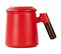 Vyloky Infuseur à thé en céramique avec couvercle - Tasse de bureau de 400 ml, poignée en bois, 7 couleurs, 1 ou 4 options (rouge vif)