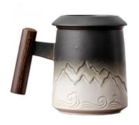 Vyloky Lot de 1 ou 4 tasses à thé en céramique avec filtre, 400 ml, poignée en bois et couvercle pratique, design intemporel en 3 couleurs, pour le bureau et la maison, 400 ml, noir et blanc