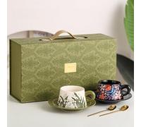 Vyloky Lot de 2 tasses à café en céramique avec poignée et cuillère Motif lys Noir/vert/rose 300 ml