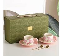 Vyloky Lot de 2 tasses à café en céramique de 300 ml avec motif lys, noir/vert/rose, avec anse et cuillère, tasse à café, tasse à petit-déjeuner, tasse à thé de l'après-midi, emballage cadeau (2 roses