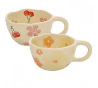 Vyloky Lot de 2 tasses à café en céramique florale - 300 ml - Pour femme - Pour le thé agréable et les cadeaux de cœur pour elle, mère, amie - Orange-jaune + rose sakura