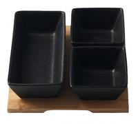 Vyloky Lot de 3 bols à sauce en céramique noire avec planche en bois - Pour sauces, collations, sauces - Bols de service polyvalents comme bol à sauce, dessert ou collation (bol carré à 3 voies)