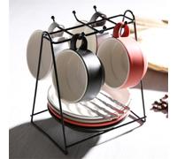 Vyloky Lot de 4 tasses à café en céramique unies 150 ml avec anse/cuillère/porte-tasse, pour le petit-déjeuner, noir/gris/blanc/jaune/café (noir, blanc, orange, gris)