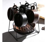 Vyloky Lot de 4 tasses à café en céramique unies 150 ml avec anse, cuillère, porte-tasse, pour le petit-déjeuner, noir/gris/blanc/jaune/café (2 entièrement noirs)