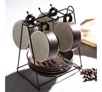 Vyloky Lot de 4 tasses à café en céramique unies 150 ml avec anse, cuillère, porte-tasse, pour le petit-déjeuner, noir, gris, blanc, jaune, café (4 café)