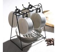 Vyloky Lot de 4 tasses à café en céramique unies 150 ml avec anse, cuillère, porte-tasse, pour le petit-déjeuner, noir, gris, blanc, jaune, café (4 gris)