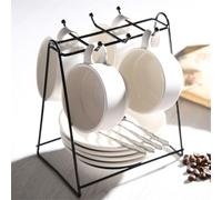 Vyloky Lot de 4 tasses à café en céramique unies 150 ml avec anse/cuillère/porte-tasse, tasses à petit-déjeuner, noir/gris/blanc/jaune/café (4 blanches)