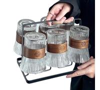 Vyloky Lot de 6 gobelets de protection contre la chaleur - 300 ml - Avec anneau en bambou - Rétro - Pour café au lait, thé glacé/boissons froides, dessert large - Avec porte-gobelet