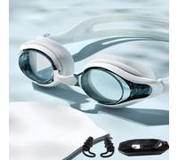 Vyloky Lunettes de natation 0-8.0D avec prescription et anti-buée ; sans pression, réglables, vision claire pour adultes, bouchons d'oreille à clip nasal (noir/blanc) (blanc + casquette de natation