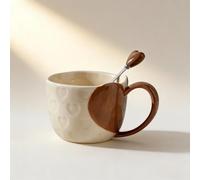 Vyloky Romantic Love Heart Lot de tasses pour couple - 350 ml avec cuillères | Tasses à café en céramique, design cœur latéral et poignée, paire assortie, coffre-fort au micro-ondes, maison et bureau
