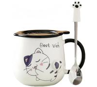 Vyloky Tasse à café en céramique avec couvercle à poisson et cuillère à pattes - 420 ml - Joli cadeau pour le bureau, le bureau à domicile ou des pauses confortables - Gris