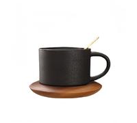 Vyloky Tasse en céramique avec socle en bois d'acacia - 300 ml - Noir mat - Passe au lave-vaisselle - Pour bureau et salon