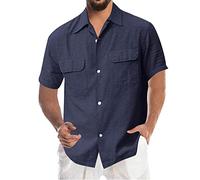 VYLYNL Chemise à manches courtes en lin pour homme - Chemise de travail unie et respirante - Chemise d'été boutonnée avec poche avant - Style militaire - Style décontracté - Couleur unie - Légère