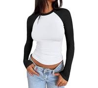 VYLYNL Hauts surdimensionnés pour femmes, chemise à manches longues pour femme, t-shirt court moulant avec manches raglan, t-shirt Y2K, coupe ajustée, hauts courts bicolores, patchwork bicolore, pull