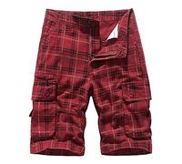 VYLYNL Short cargo à carreaux pour homme - Chino léger - Style décontracté - Plusieurs poches sous le genou - Pour l'été, la marche, la randonnée, l'escalade et le camping, Rouge, 46