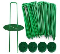 Vyndicca Lot de 100 agrafes paysagères + 100 joints, piquets de jardin galvanisés en forme de U pour aménagement paysager, piquets pour toile de protection contre les mauvaises herbes, couverture de