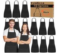 Vyndicca Lot de 12 tabliers noirs en vrac, tablier unisexe uni avec 2 poches, lavable en machine, tablier noir pour femmes, hommes, adultes, cuisine, artisanat, barbecue, peinture, noir, taille unique