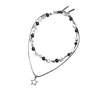 Vynetra Collier ras du cou avec pendentif en forme d'étoile creuse avec perle noire réglable en cuir PU double couche pour un usage quotidien