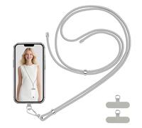 VynyQoo Cordon Telephone Portable Tour de Cou Réglable 80cm, Collier Telephone avec 2 Durable Patchs, Sangle Telephone Laniere Bandoulière Dragonne pour étuis de Téléphone Tout Compris(gris)