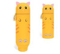 VynyQoo Trousse Ecole Silicone, 2 in 1 Extensible Étui à Crayon, Kawaii Fille Trousse, Pot a Crayon Enfant pour Scolaire & Bureau, Orange Cat