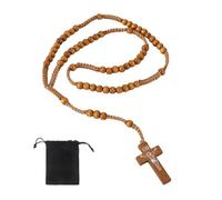 VYNZOR Chapelet Catholique en Bois d'Olivier de Jérusalem, Bijoux Religieux avec Croix, Unisex, Marron, 39 cm