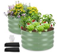 Vyranut Bac Potager Surélevé Rond en Métal, Lot de 2, 60 x 60 x 30 cm, avec Géotextile, Jardinière Extérieure pour Fleurs, Herbes Aromatiques et Légumes, Balcon, Terrasse, Jardin,（Vert Sauge）