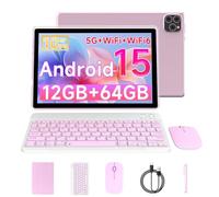 Vyrolinia Tablette Android 15 10" 12 Go de RAM + 64 Go de ROM/ 2 To, écran tactile HD 1280 * 800, 5G WiFi6 BT 5.0, tablettes 2 en 1 avec étui clavier, souris, stylet rose
