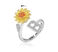 VYYU Bague avec beau tournesol et lettre initiale ABC à XYZ - Bagues ouvertes pour soulager l'anxiété et l'anxiété - Cadeau pour femme, épouse, fille, B, Or blanc