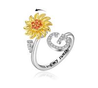VYYU Bague avec beau tournesol et lettre initiale ABC à XYZ - Bagues ouvertes pour soulager l'anxiété et le stress - Cadeau pour femme, épouse, fille, G, Or blanc