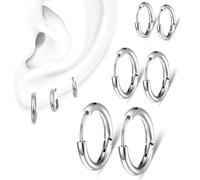 VZUHSW 3 Paires Boucles d'oreilles Créoles en Acier Inoxydable Boucles d'oreilles Cercles Cartilage Anneaux de Nez Lèvres pour Femme Homme 8/10/12 mm (Argent)