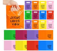 VZZNN Lot de 200 sacs cadeaux en plastique coloré avec motif croix religieuse et inscription « Jesus Loves You » - Cadeaux pour l'école du dimanche - Fournitures de fête - Décoration de fête