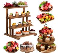 W&H Lot de 6 présentoirs à gâteau en bois d'acacia, 1 présentoir à 3 cerceaux pour cupcakes, assiettes à dessert et 5 plateaux à dessert pour fête, mariage, thé