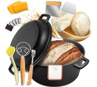 W&H Marmite en fonte pour cuisson du pain, moule à pain de 26 cm avec couvercle, panier de fermentation et spatule inclus, marmite Dutch Oven pré-assaisonnée de pour rôtir, cuire, mijoter et griller