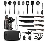 W&H set de 25 ustensiles de cuisine, ustensiles de cuisine en silicone avec 5 couteaux et 1 paire de ciseaux, set de cuisine antiadhésif, ustensiles de cuisine, lavable au lave-vaisselle - Noir