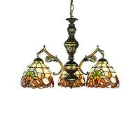 W&HH Tiffany Style Lustre à 3 Lumières/Bras de Verre Pendant Light, Baroque Main Abat Restaurant Salon Decro éclairage Hauteur Ajustable E27 110-240V,B