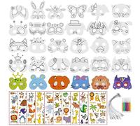 W Rxkiocs 34 Pièces Masque Animaux Masque d'Animaux en Papier pour Enfants Masques en Papier avec Autocollants de Tatouage d'Animaux pour Enfants pour les Fêtes de Jungle Toussaint Fêtes Costumées