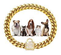 W/W Lifetime Collier de promenade en métal pour chien avec boucle en oxyde de zirconium brillant, maillons cubains dorés, 14 mm, robuste et résistant à la mastication, pour chiens de petite et moyenne