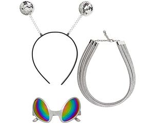 W WIDMANN MILANO Party Fashion - Accessoires d'extraterrestre argentés | Ensemble 3 pièces avec serre-tête à antennes, lunettes arc-en-ciel et collier en guirlande - pour le carnaval
