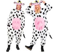 W WIDMANN MILANO Party Fashion - Combinaison vache pour adulte, combinaison en peluche noire et blanche avec capuche, costume animalier pour carnaval