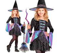 W WIDMANN MILANO Party Fashion - Costume de sorcière fille avec chapeau | Ensemble de costume avec robe et chapeau, paillettes noires et empiècements en tissu coloré - pour Halloween