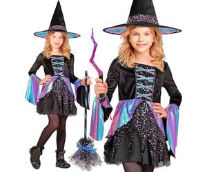 W WIDMANN MILANO Party Fashion - Costume de sorcière fille avec chapeau | Ensemble de costume avec robe et chapeau, paillettes noires et empiècements en tissu coloré - pour Halloween
