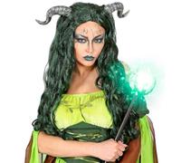 W WIDMANN MILANO Party Fashion - Perruque sorcière des bois avec cornes | Perruque verte longue pour un look de fée ou magicienne à Halloween, au carnaval et en soirée à thème